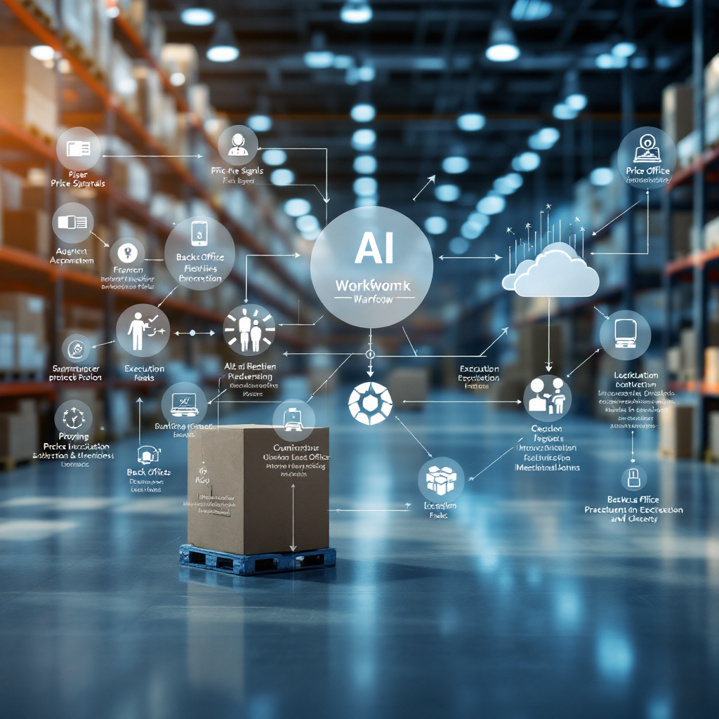 Workflowdiagram van AI‑agents die prijssignalen, uitvoering, logistiek en backoffice taken coördineren Workflowdiagram van AI‑agents die prijssignalen, uitvoering, logistiek en backoffice taken coördineren