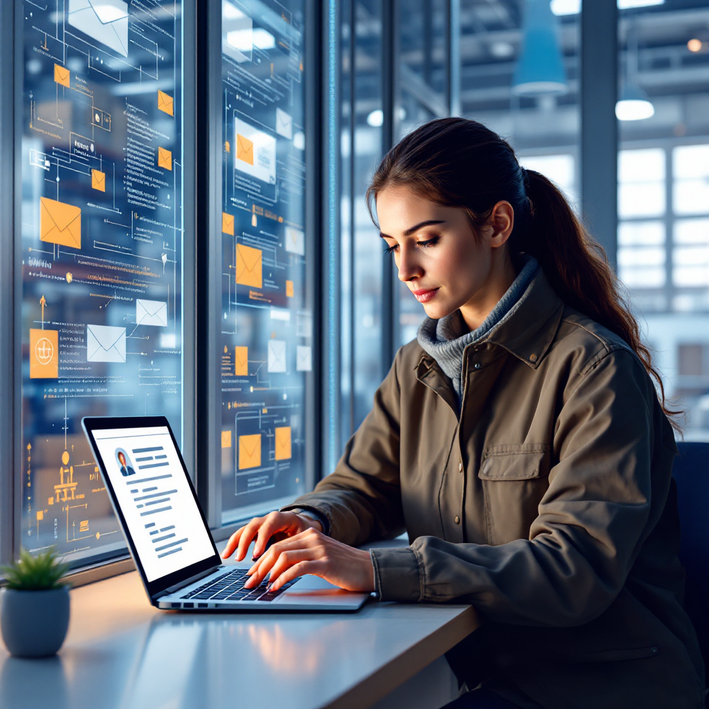 AI email agent drafting logistics reply on laptop Illustration of an AI agent automating email replies for logistics staff, showing a user approving a drafted reply on a laptop, no text or numbers