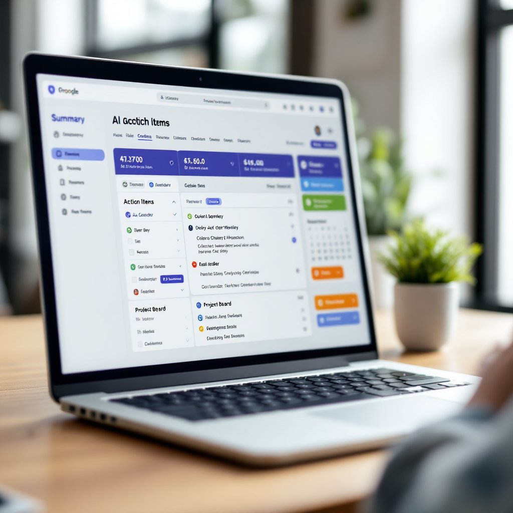 Detail obrazovky notebooku zobrazující AI-vytvořený souhrn a seznam akčních položek vedle kalendáře a projektové desky, moderní rozhraní s čistou typografií a barevnými zvýrazněními Detail obrazovky notebooku zobrazující AI-vytvořený souhrn a seznam akčních položek vedle kalendáře a projektové desky, moderní rozhraní s čistou typografií a barevnými zvýrazněními