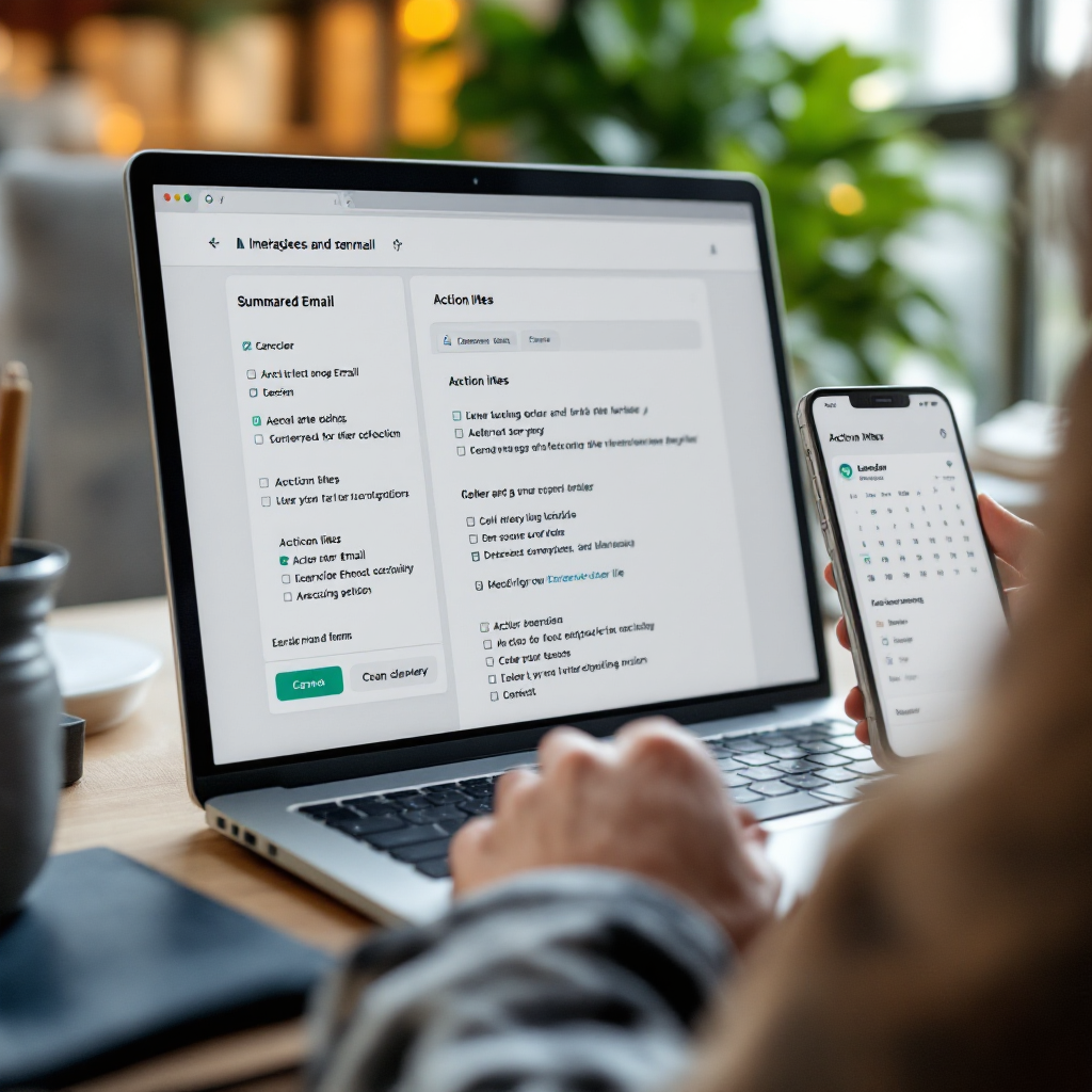 Close-up of a laptop screen showing a summarized email thread, action items highlighted and checkboxes, with a smartphone showing calendar integration, modern clean interface