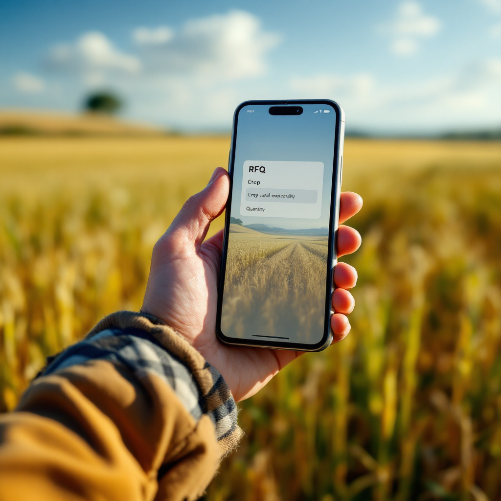 A mobile phone screen showing an auto-generated RFQ email draft with crop and quantity fields, held over a farm field during harvest