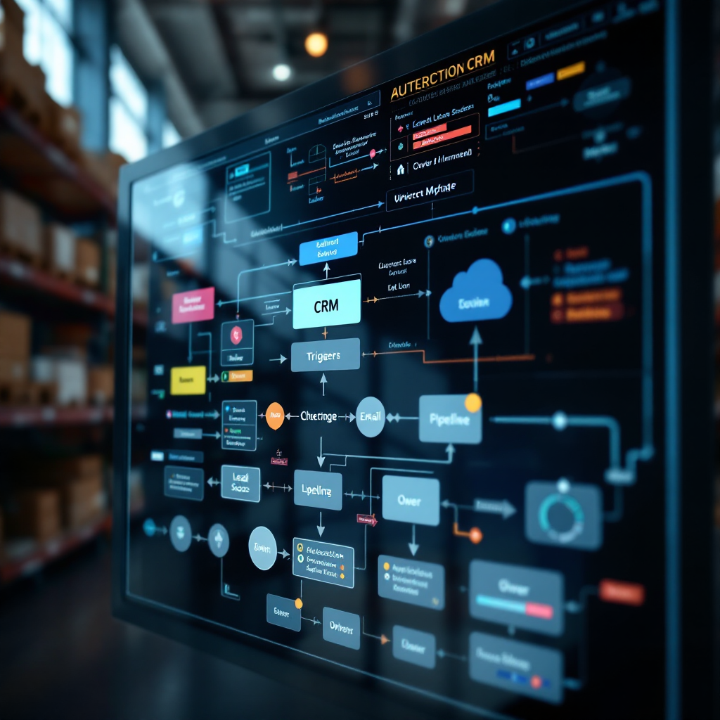 CRM workflow map with triggers and pipeline A schematic CRM workflow map showing triggers, lead score, automated email sending, owner assignment, and pipeline stages with arrows connecting components. No text, simple icons and color blocks