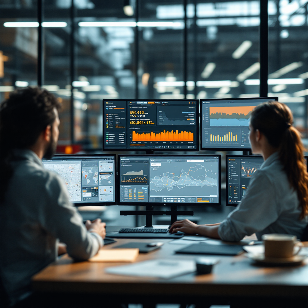A modern control room showing dashboards for carrier selection and order processing, with staff reviewing alerts and screens with maps, natural lighting, no text