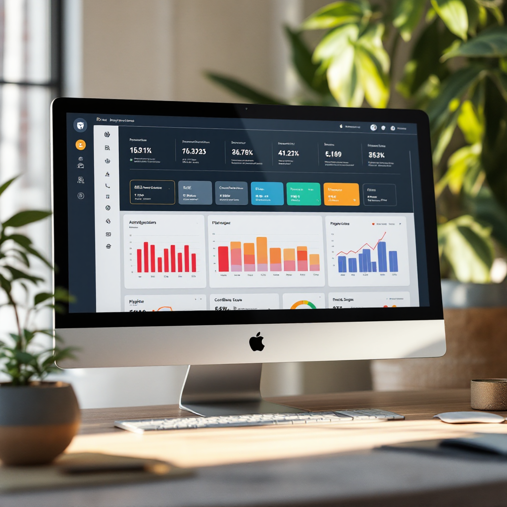Dashboard showing AI suggested update metrics and pipeline changes A dashboard-style visualization showing accepted suggestions, confidence scores, and pipeline stage changes with clear, colorful charts; modern interface on a desktop monitor