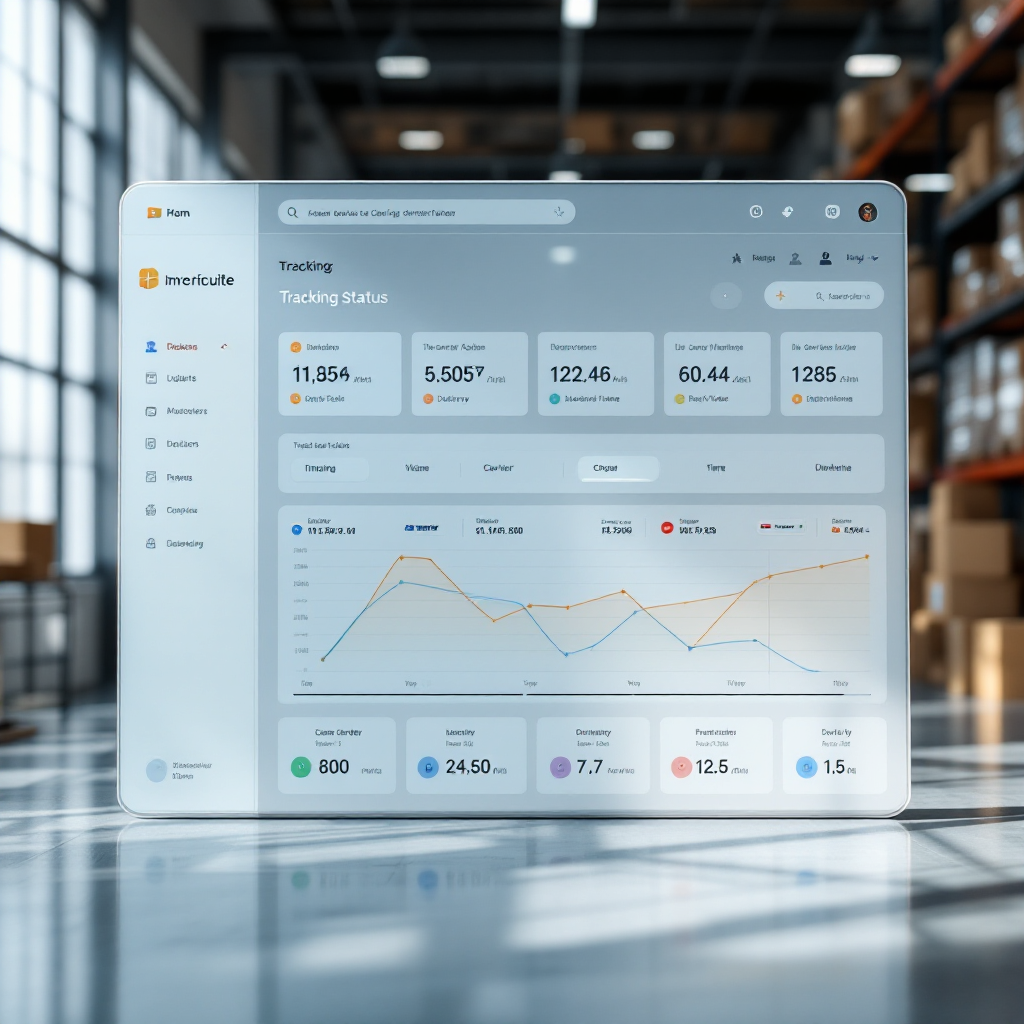 Dashboard with tracking status and timeline Illustration of a dashboard showing tracking status updates, carrier logos and delivery timeline, clean UI with charts and timeline, no text
