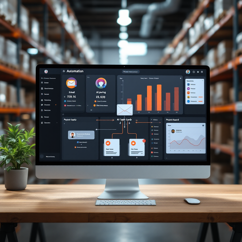 Diagram of AI converting email into task updates A dashboard style image showing automation flows between email, AI parsing, and task cards, with arrows connecting icons for mailbox, AI brain, and project board, no text or numbers