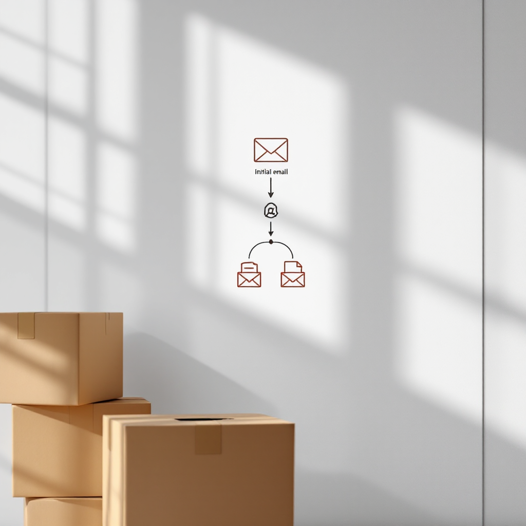 Diagram of email to AI decision to CRM flow A clean diagram showing a simple flow: initial email icon, AI decision node, triggered email sequence icons, and a CRM database syncing. No text in the image, clear icons and arrows on a white background