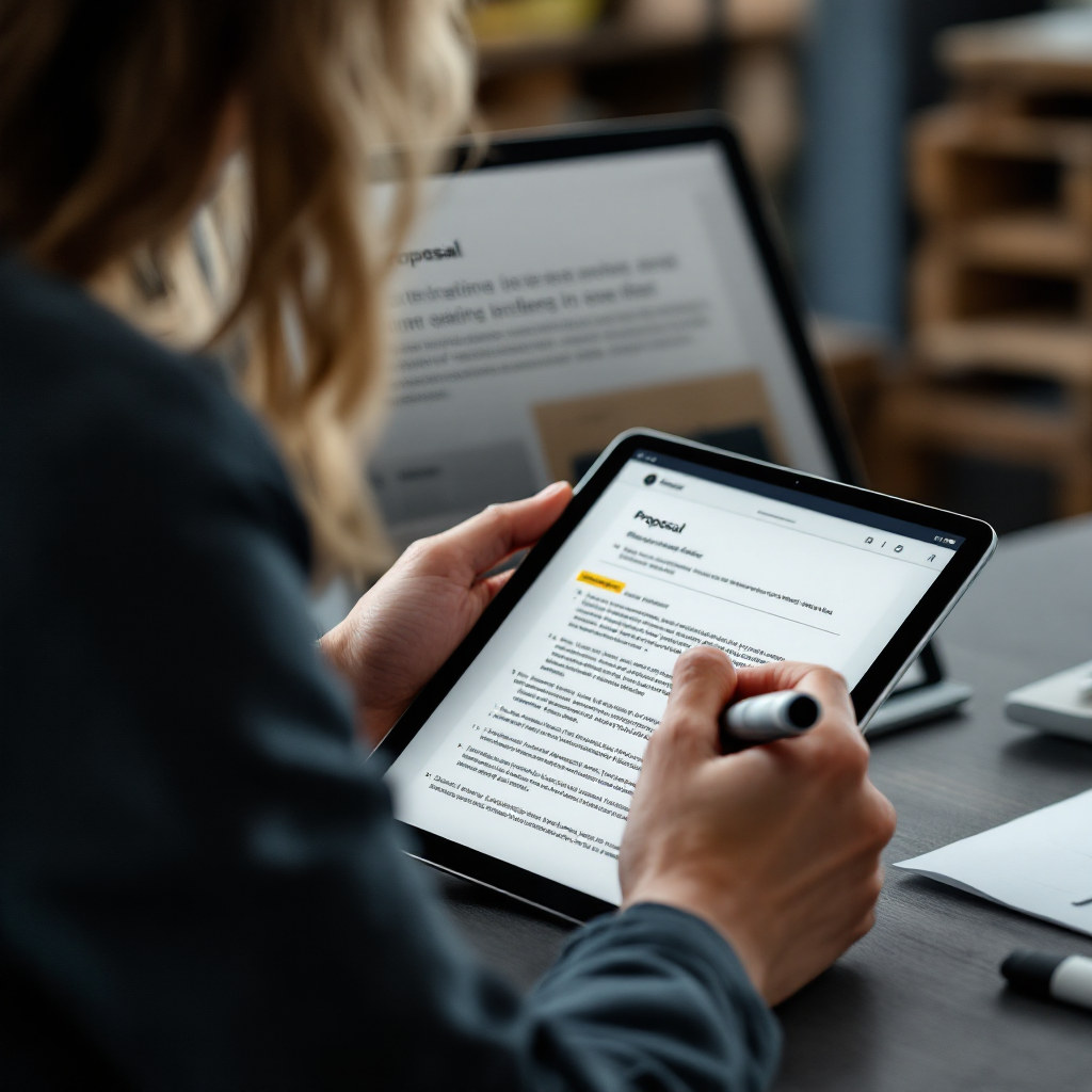 Bearbeitung eines KI‑generierten Vorschlags auf einem Tablet Bearbeitung eines KI‑generierten Vorschlags auf einem Tablet