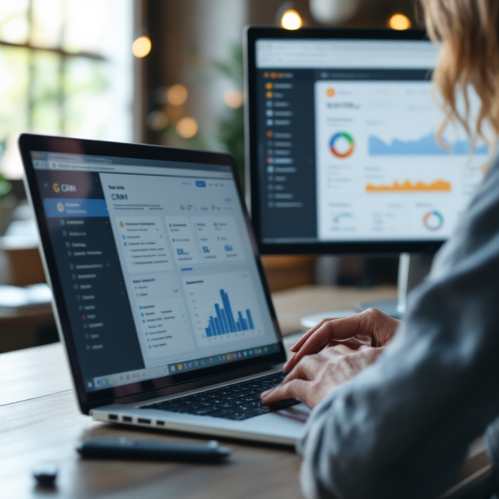 E-Mail-Client und CRM-Dashboard auf Bildschirmen E-Mail-Client und CRM-Dashboard auf Bildschirmen