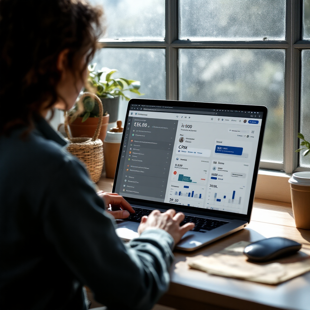 A workspace showing a laptop screen with an email app integrated with calendar and CRM dashboards, subtle UI elements, clean aesthetic, no text