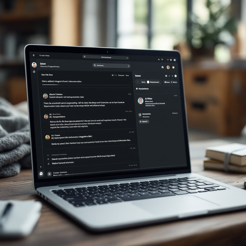 Email thread and issue timeline with AI suggestions A user interface mockup showing an email thread on the left and the associated issue timeline on the right, with attachments and AI-suggested edits highlighted