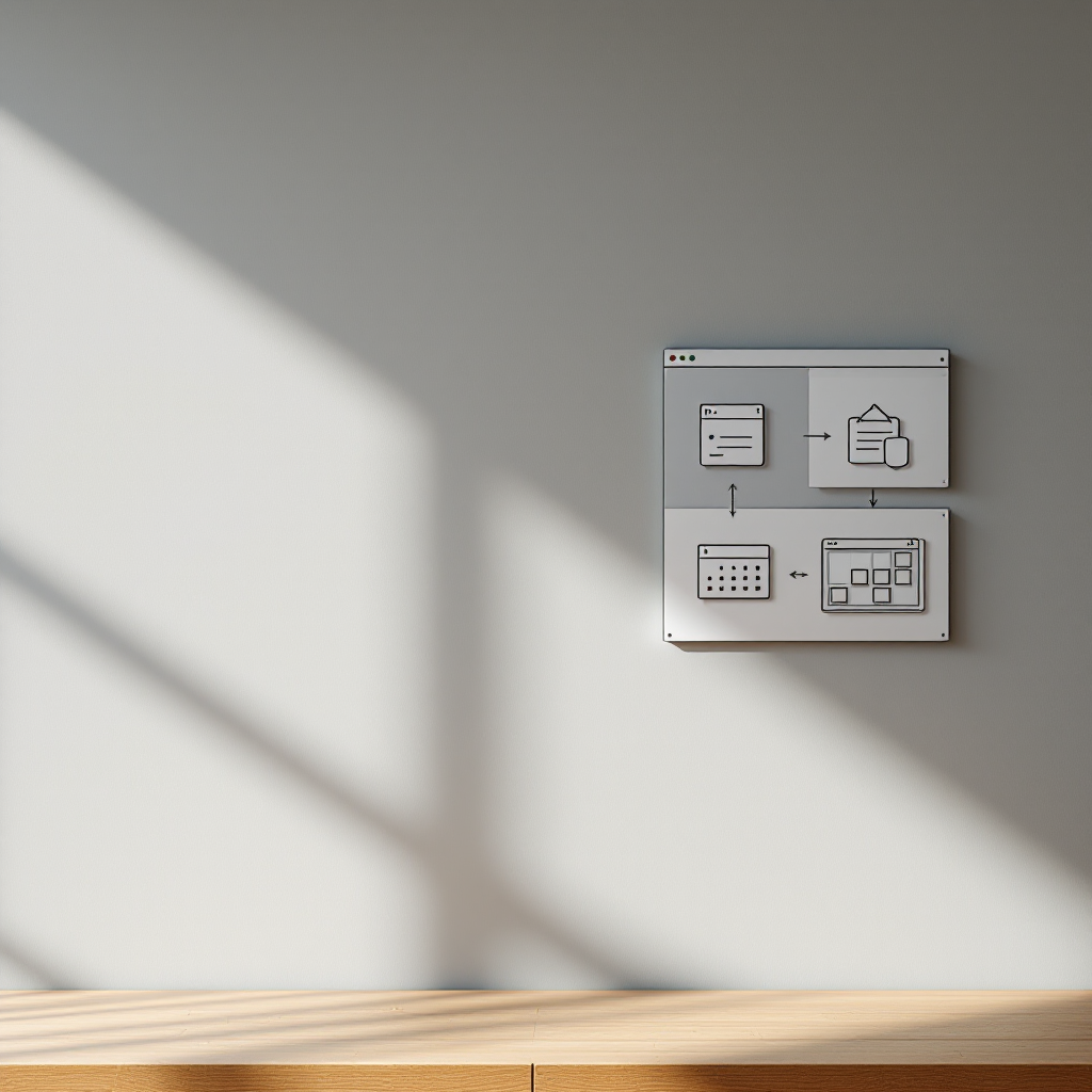 Email to task workflow diagram A visual workflow diagram showing an email converting into a task card, then into calendar and project board, with simple icons representing email, task, calendar and project board, no text or numbers
