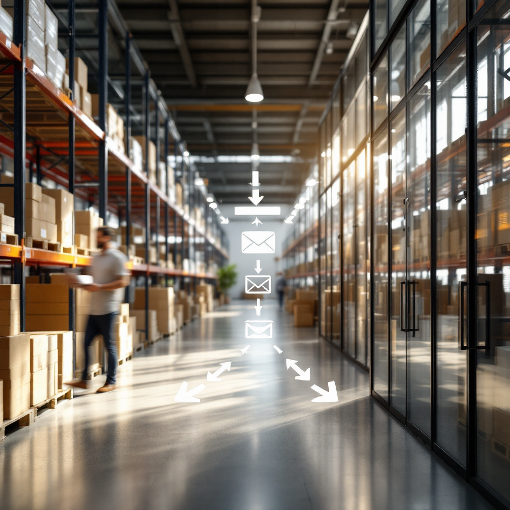 Flowchart style depiction of an email triage workflow showing arrows from inbox to AI classification, routing to teams, and human review at the end, no text