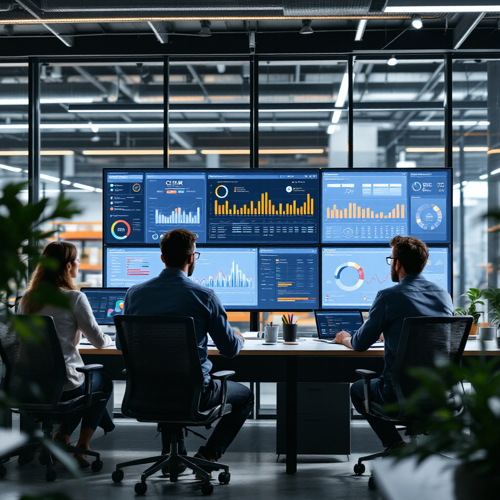 Enterprise dashboard showing AI integrations An enterprise sales operations room with team members reviewing dashboards showing integration maps between CRM, email, calendar and AI agents. No text or numbers in the image