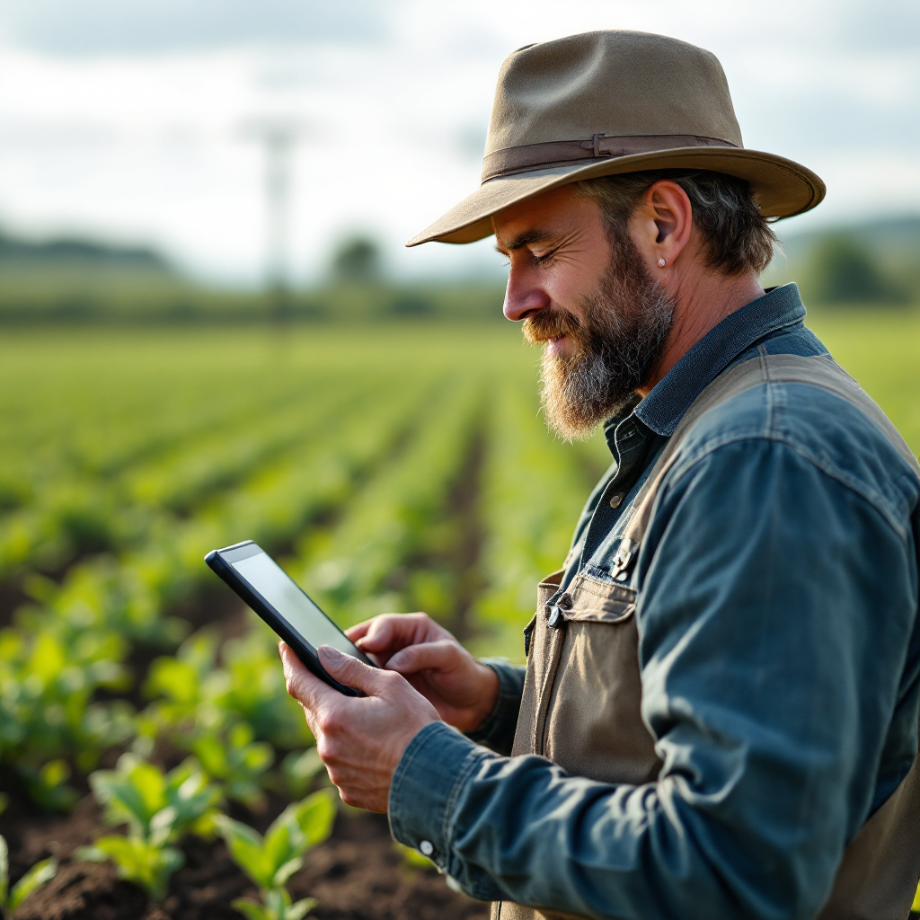 Close-up of a farmer using a tablet in a field with visible test plots and sensors installed in soil, no text or numbers