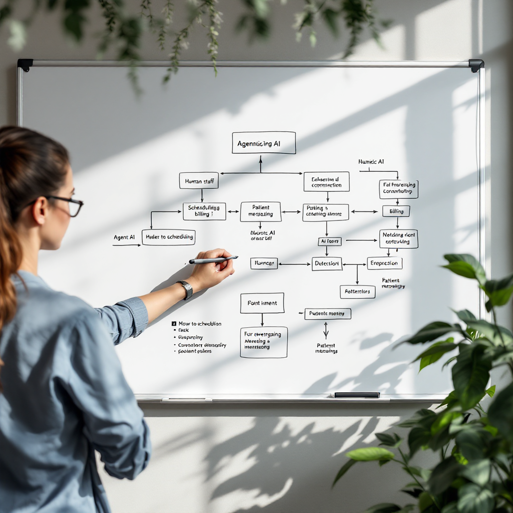 A flowchart on a whiteboard showing human staff and agentic AI coordinating scheduling, billing, and patient messaging; no text or numbers in image