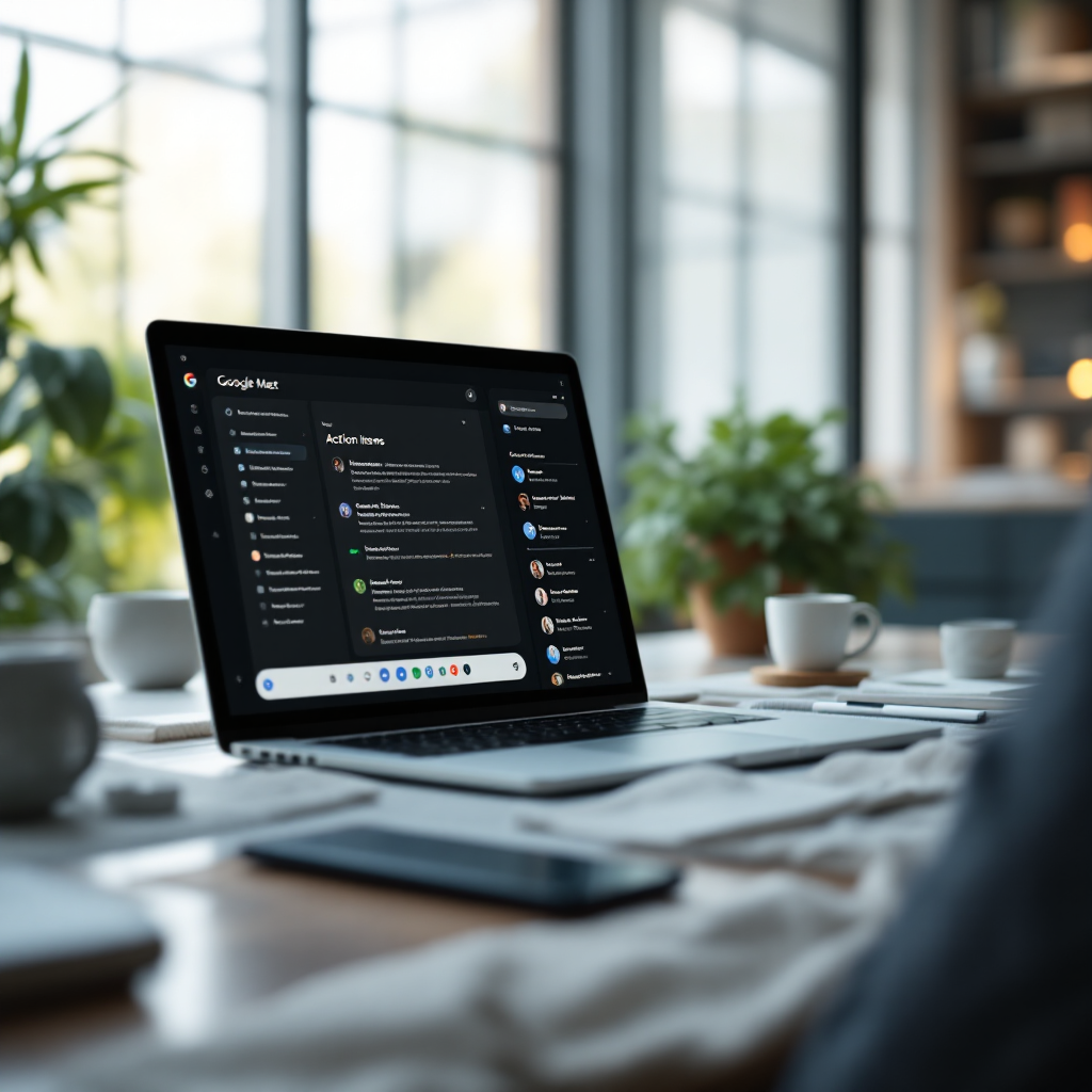 Laptop displaying meeting with extracted action items Laptop displaying meeting with extracted action items