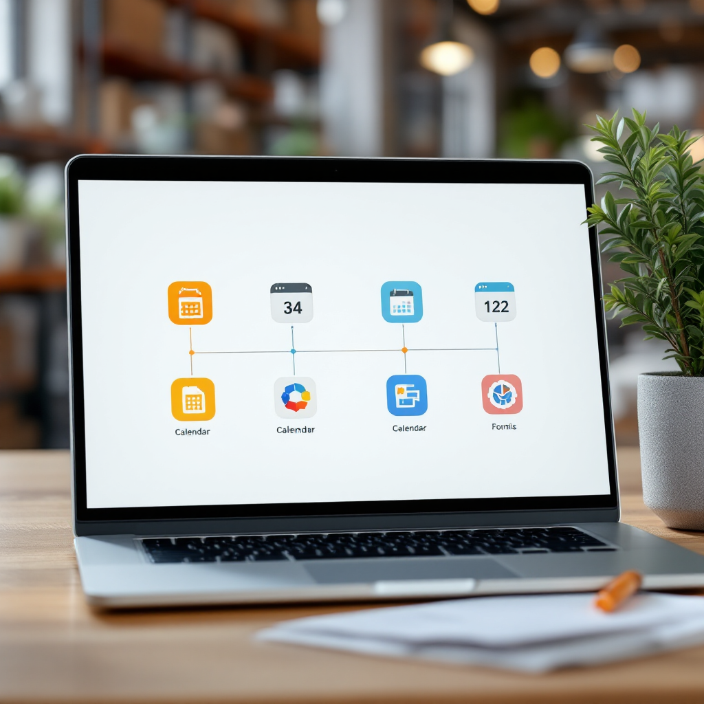 A clean visual comparison chart on a laptop screen showing icons for four calendar apps with connecting lines, set in a bright office environment, no text or numbers on screen
