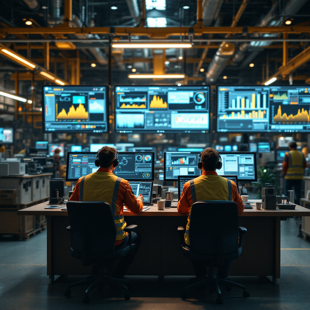 Opérateurs dans une salle de contrôle d'une usine chimique surveillant des tableaux de bord de processus Opérateurs dans une salle de contrôle d'une usine chimique surveillant des tableaux de bord de processus
