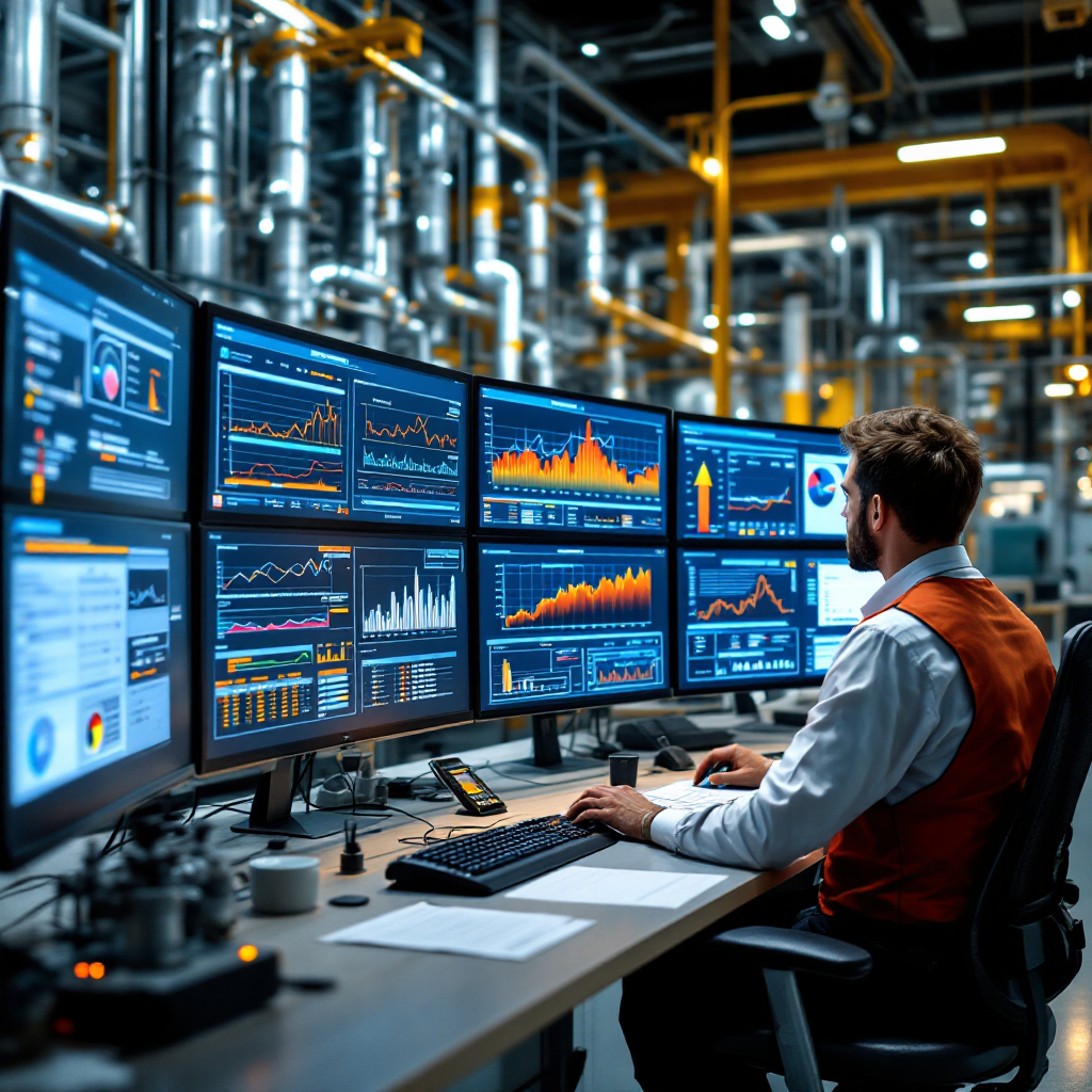 Salle de contrôle d'usine avec tableaux de bord de maintenance prédictive