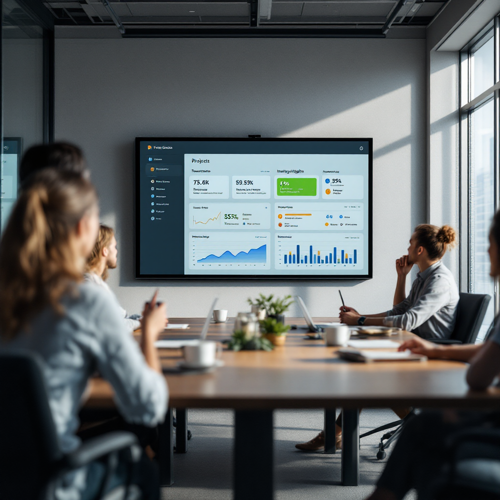 A collaborative meeting room with a large screen showing a project dashboard and a panel displaying transcribed meeting highlights, modern office setting