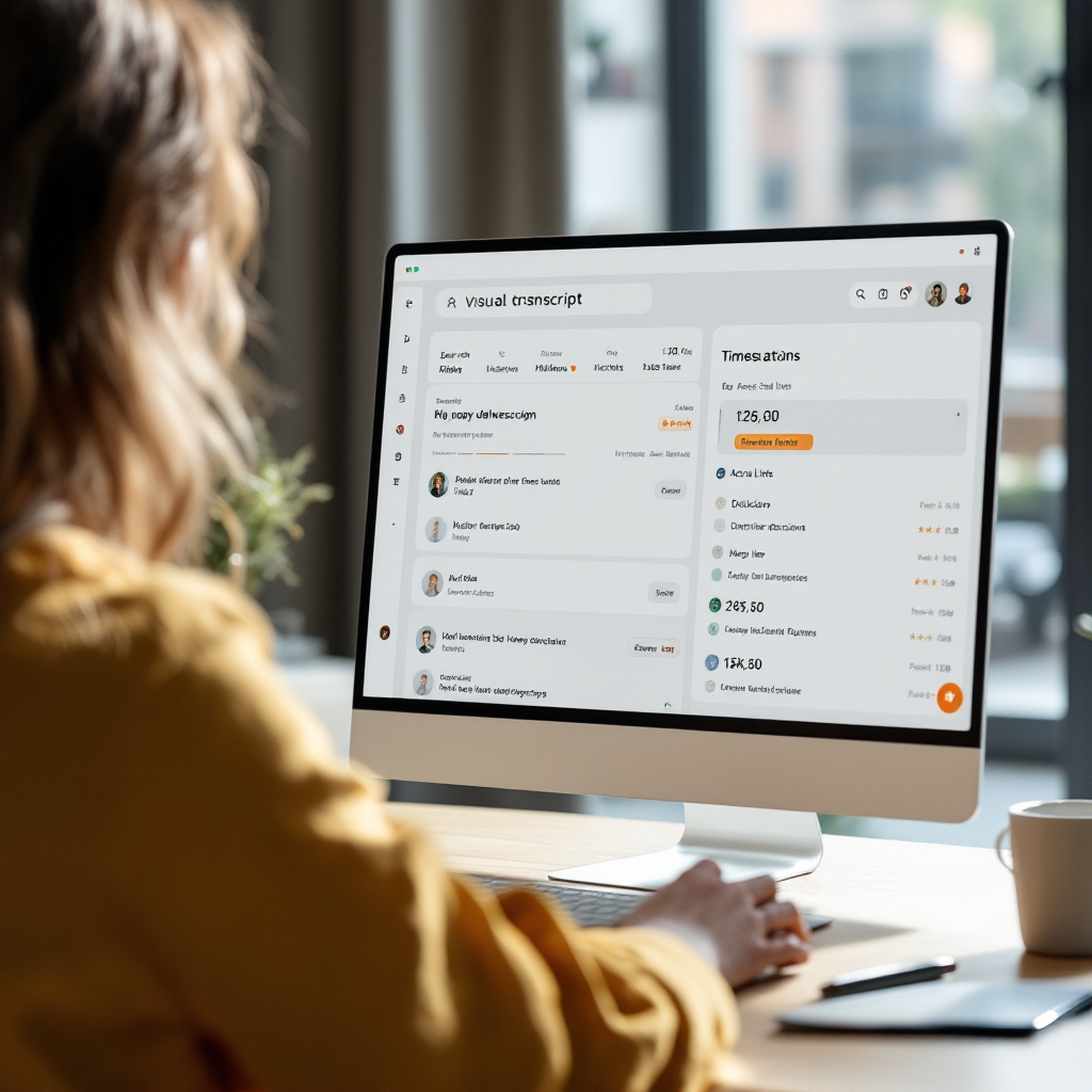 Searchable transcript dashboard with highlights and action items Searchable transcript dashboard with highlights and action items