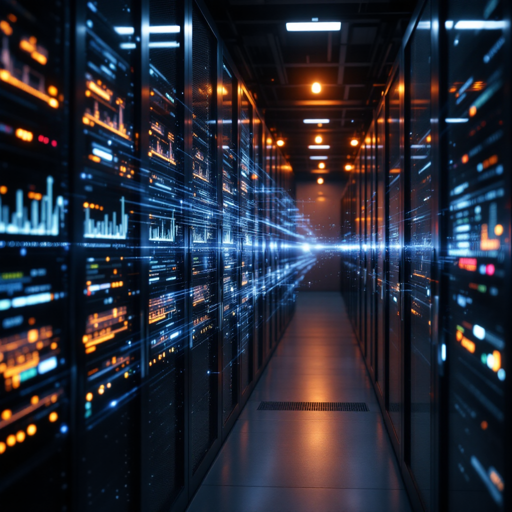 Server room with encrypted data flow visual Server room with encrypted data flow visual