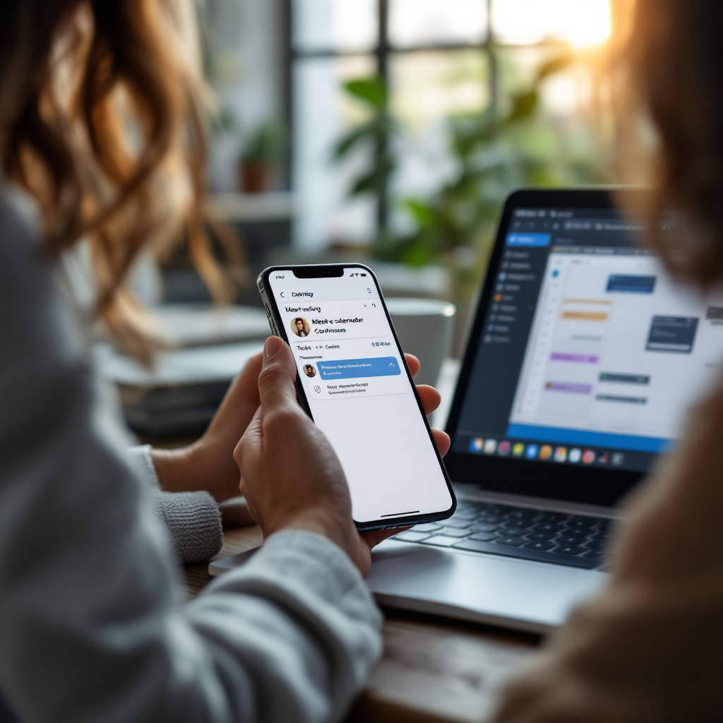 Smartphone and laptop showing meeting and task scheduling A close-up of a smartphone showing a meeting confirmation on a calendar app next to a laptop displaying a task-to-calendar conversion interface, soft office background (no text or numbers)