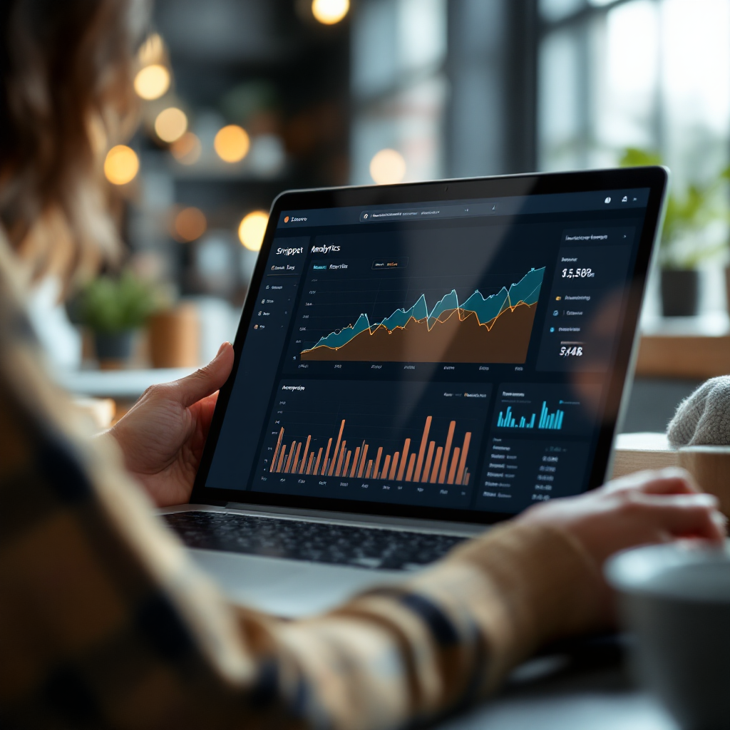 Snippet analytics dashboard with filters and performance bars A visual dashboard showing snippet analytics with bars for open rate and reply rate, with filters for campaign and tags, clean data visualization, no text in image