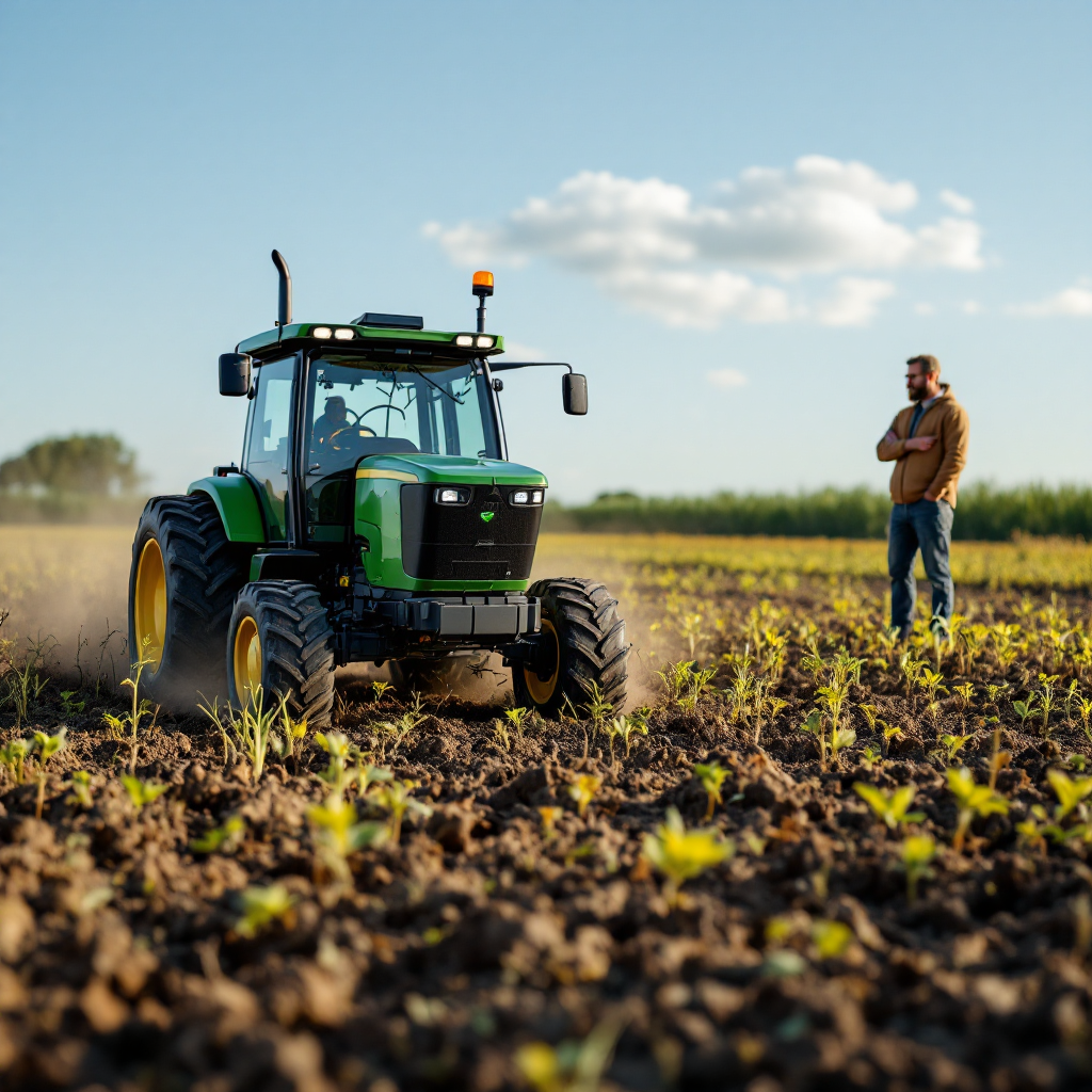 Soil sensor and autonomous tractor in field Close-up of a soil moisture sensor and a small autonomous tractor working in a field under clear sky, with a farmer observing, no text or numbers