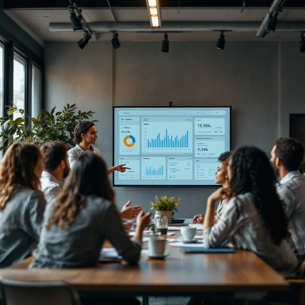 Team meeting with AI analytics and human assistant A collaborative team meeting where a human executive assistant leads a discussion while a projected dashboard shows AI analytics and email summaries. No text or numbers. Diverse team, modern meeting room.