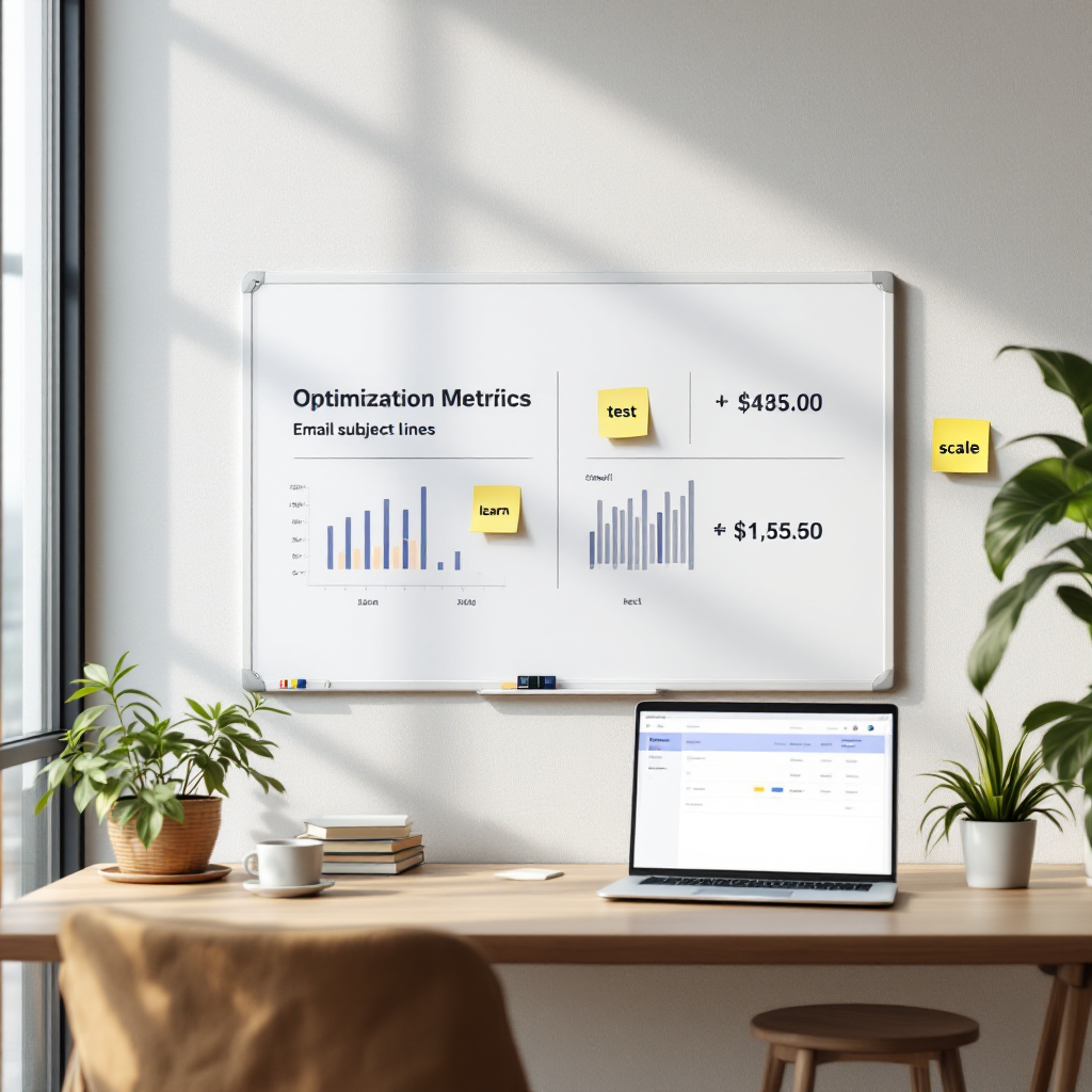 Team optimising AI-driven email tests A team workspace showing a whiteboard with optimization metrics, a laptop displaying A/B test results for email subject lines, and sticky notes labeled 'test', 'learn', 'scale'