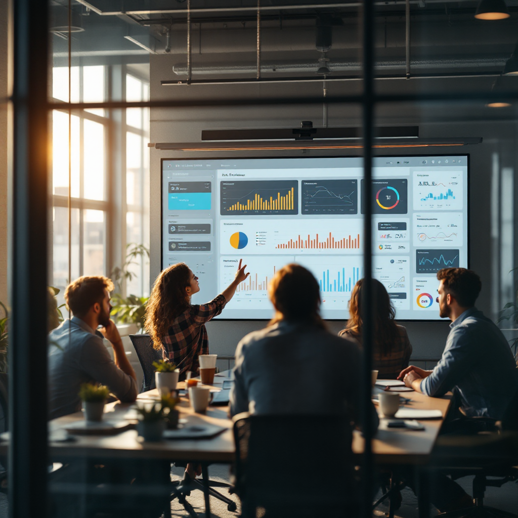 Team reviewing AI deployment and MLOps dashboards A team collaborating around a large screen showing AI model metrics, MLOps pipelines and deployment dashboards in a modern office