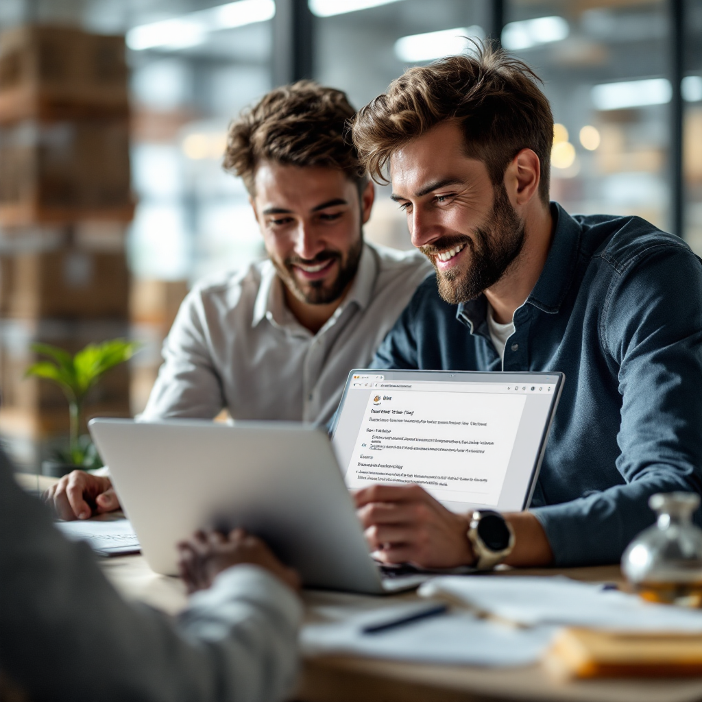 Equipo revisando un correo redactado por IA con barra lateral de datos ERP Equipo revisando un correo redactado por IA con barra lateral de datos ERP