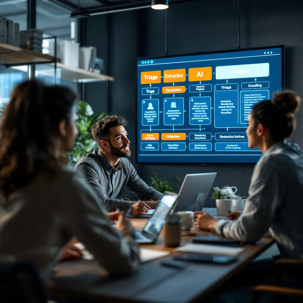 Team reviewing AI intake workflow diagram Team reviewing AI intake workflow diagram