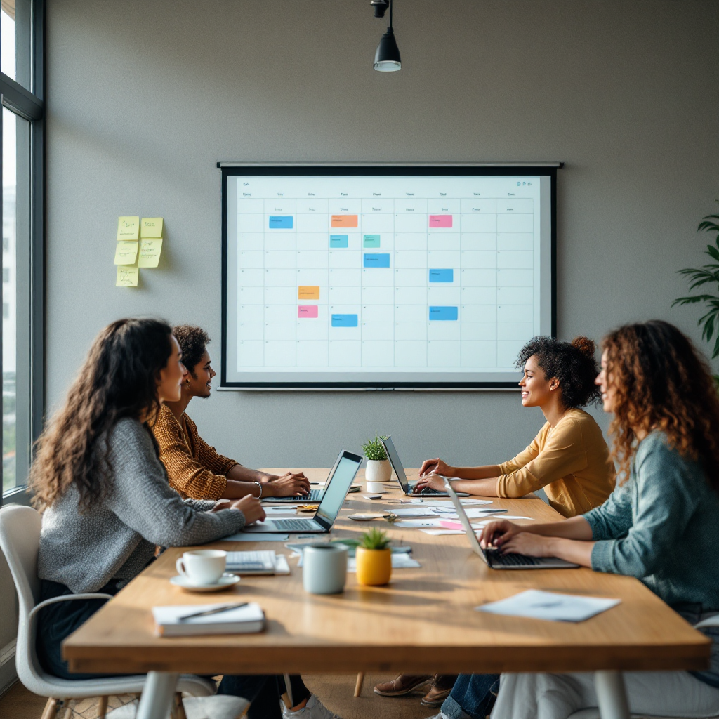 Team reviewing calendar and schedule in meeting Team meeting around a table with laptops open, a projected schedule on a wall screen, diverse team members discussing calendar blocks and sticky notes, natural office setting