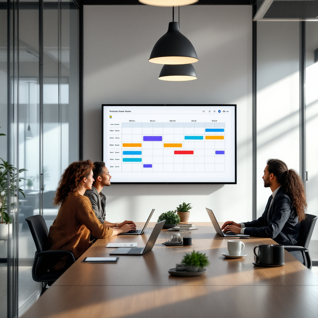 Three people around a conference table using laptops and a large screen that shows a simplified calendar timeline with coloured blocks. The room looks modern and collaborative. No text or numbers visible on the screen.