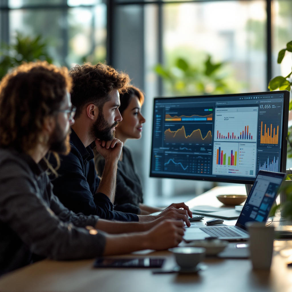 Équipe examinant des tableaux de bord montrant les métriques d'e-mails et le pipeline Équipe examinant des tableaux de bord montrant les métriques d'e-mails et le pipeline