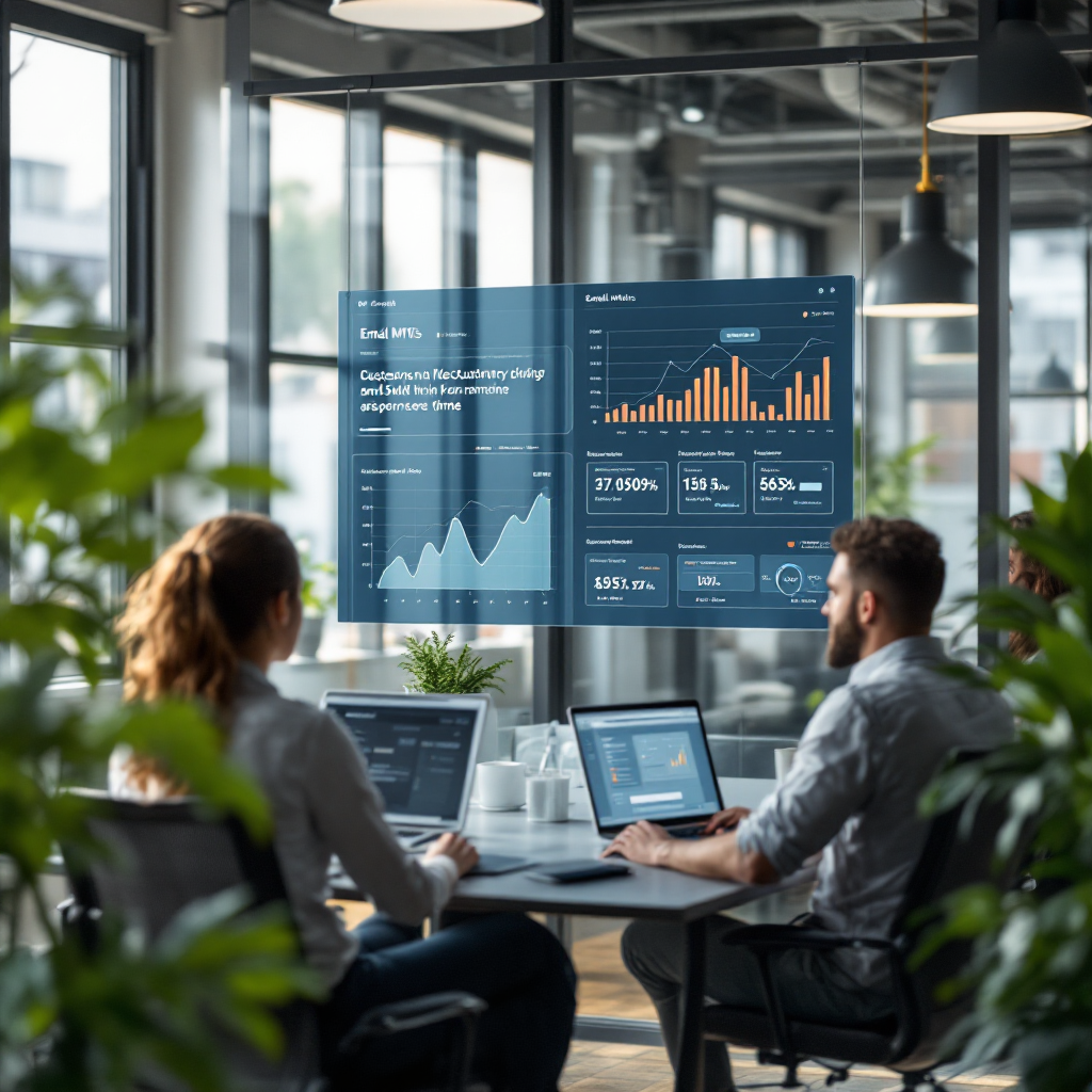 Team dat een dashboard met e-mailprestaties beoordeelt Team dat een dashboard met e-mailprestaties beoordeelt