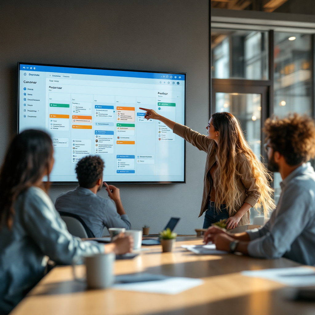 Team, der gennemgår en synkroniseret teamkalender og projektplan
