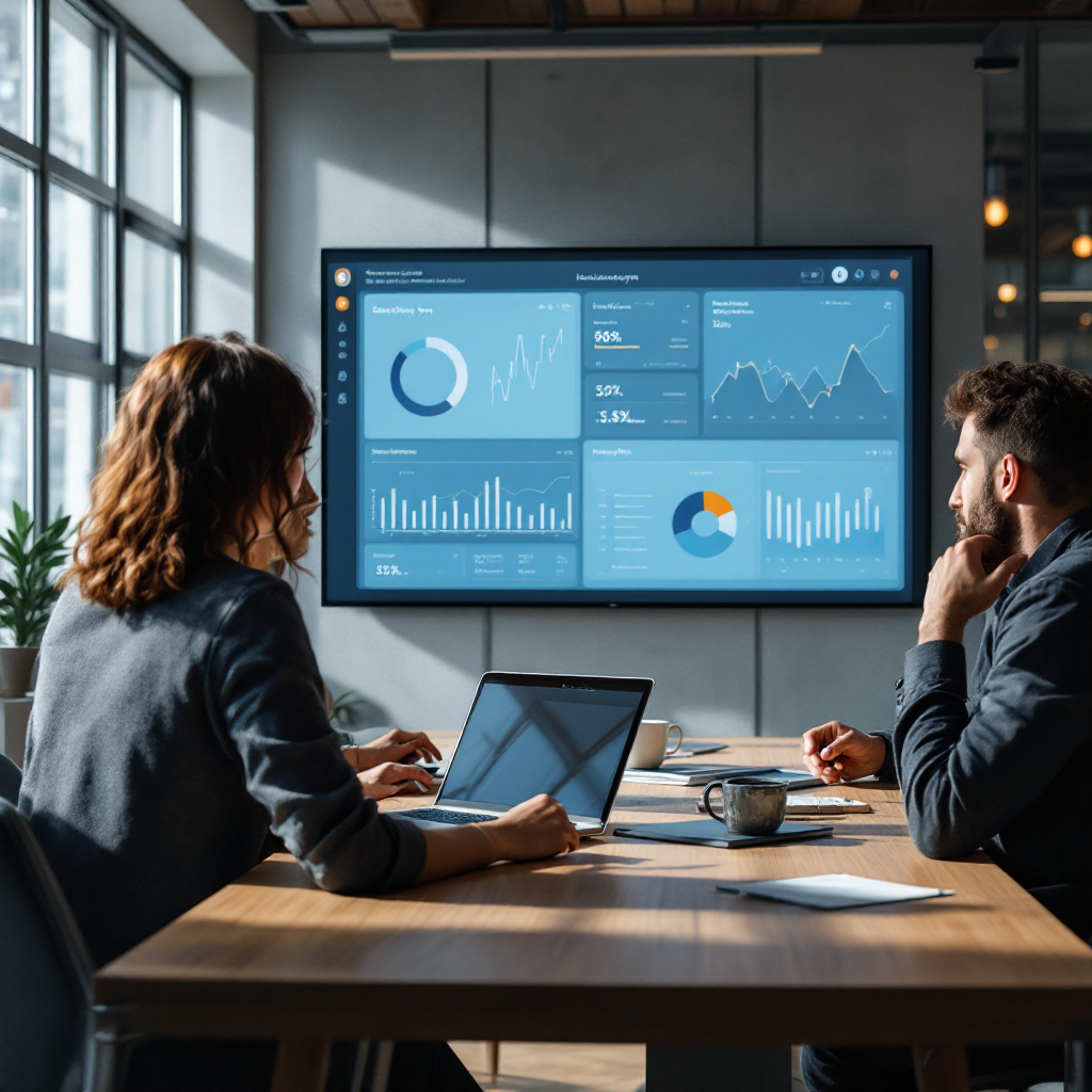 Equipo viendo paneles de métricas de sincronización de correo a tareas