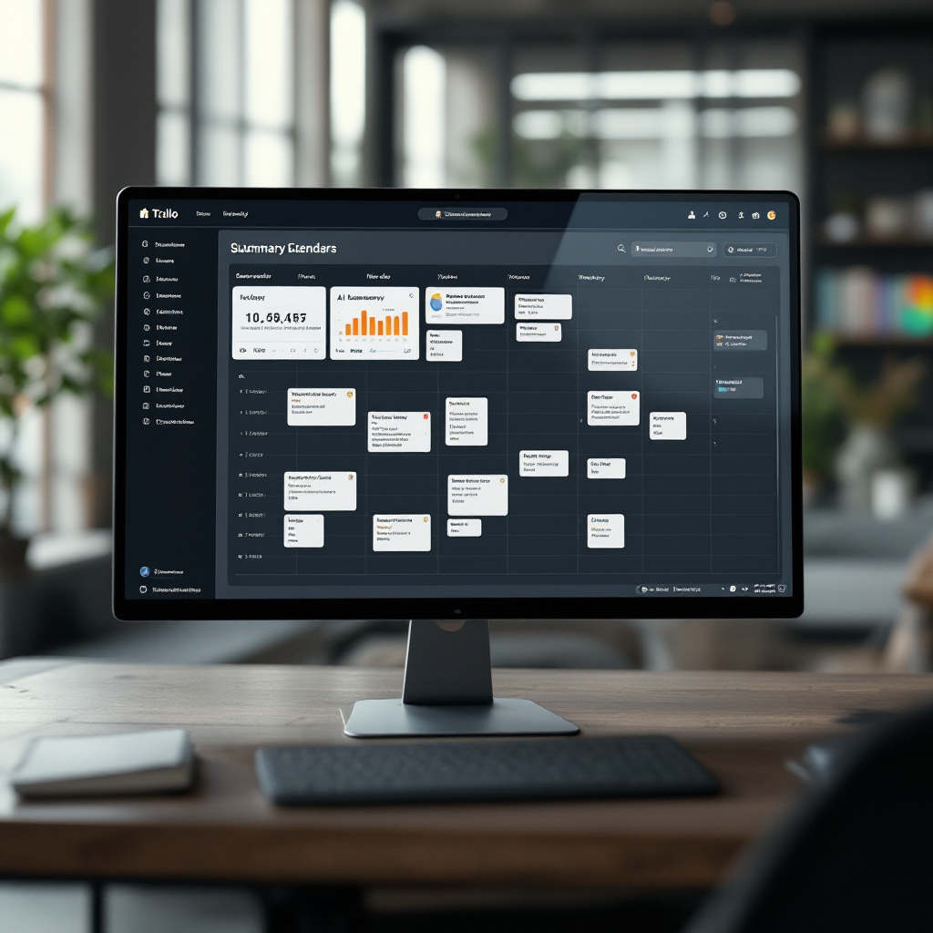 Trello calendar with AI summaries A modern dashboard showing a Trello-style calendar view with cards placed on dates and AI summary snippets visible, no text or numbers in the image, with a blurred office background