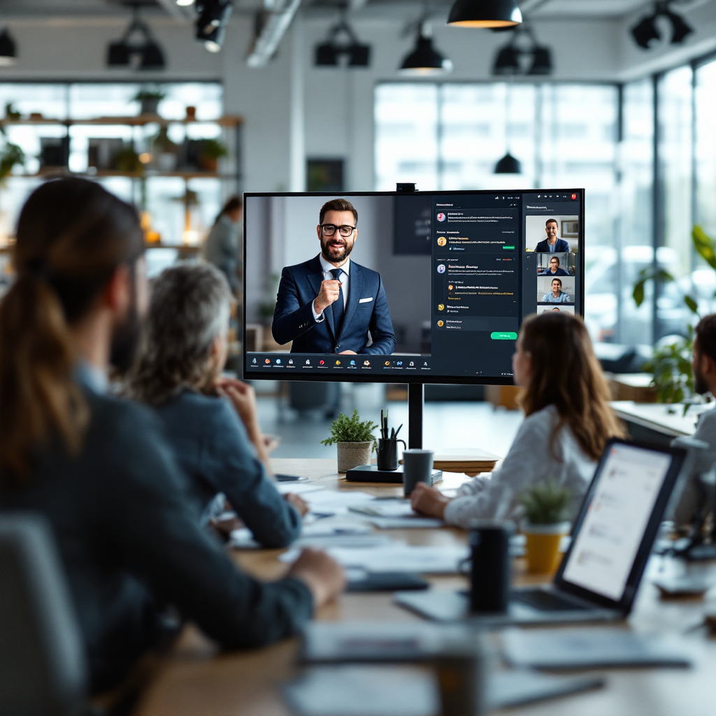 Chamada de vídeo com itens de ação traduzidos e painel Chamada de vídeo com itens de ação traduzidos e painel