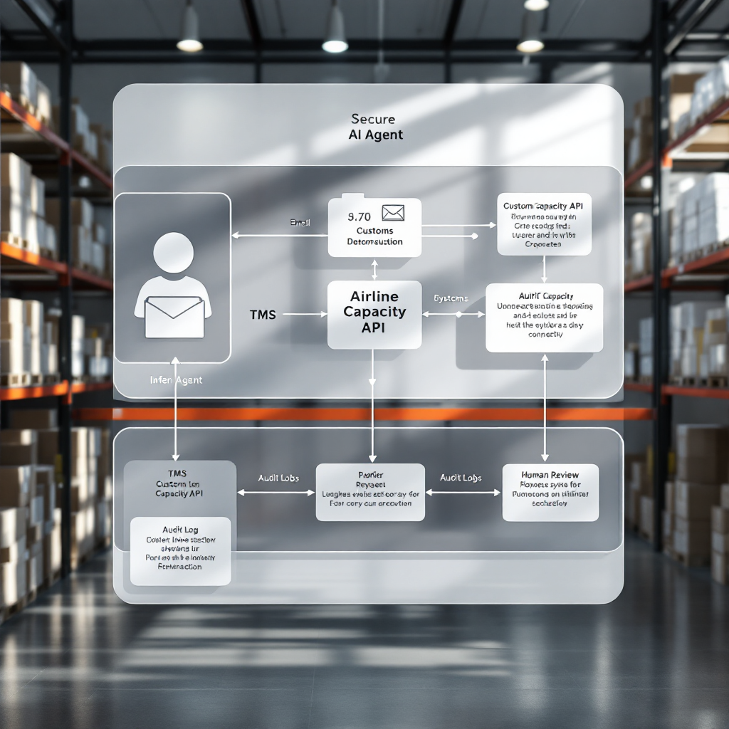 A secure data flow diagram showing an AI agent connecting an email inbox to a TMS, customs system, and airline capacity API, with audit logs and human review checkpoints. Clean vector style, no text.
