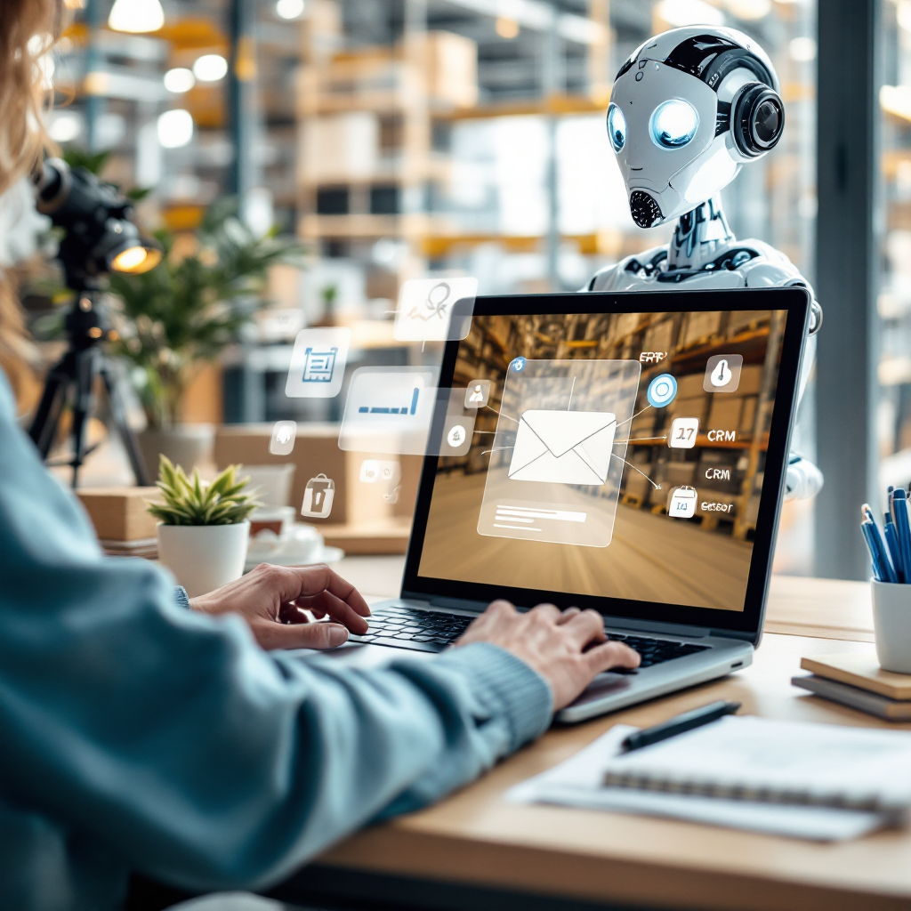 Assistant IA rédigeant un e‑mail d'expédition avec connecteurs système Assistant IA rédigeant un e‑mail d'expédition avec connecteurs système