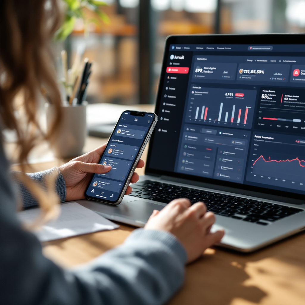 AI drafting an email using ERP data A close-up of a desk showing printed templates, a smartphone with notifications, and a laptop screen with an AI-generated email draft next to ERP dashboard widgets, realistic scene