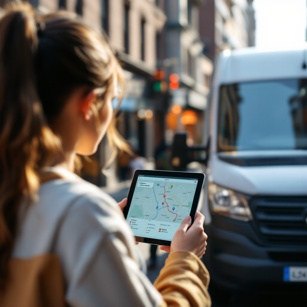 Delivery van on a city street making beverage deliveries with a tablet showing optimized route map, urban storefronts in background, clear sky