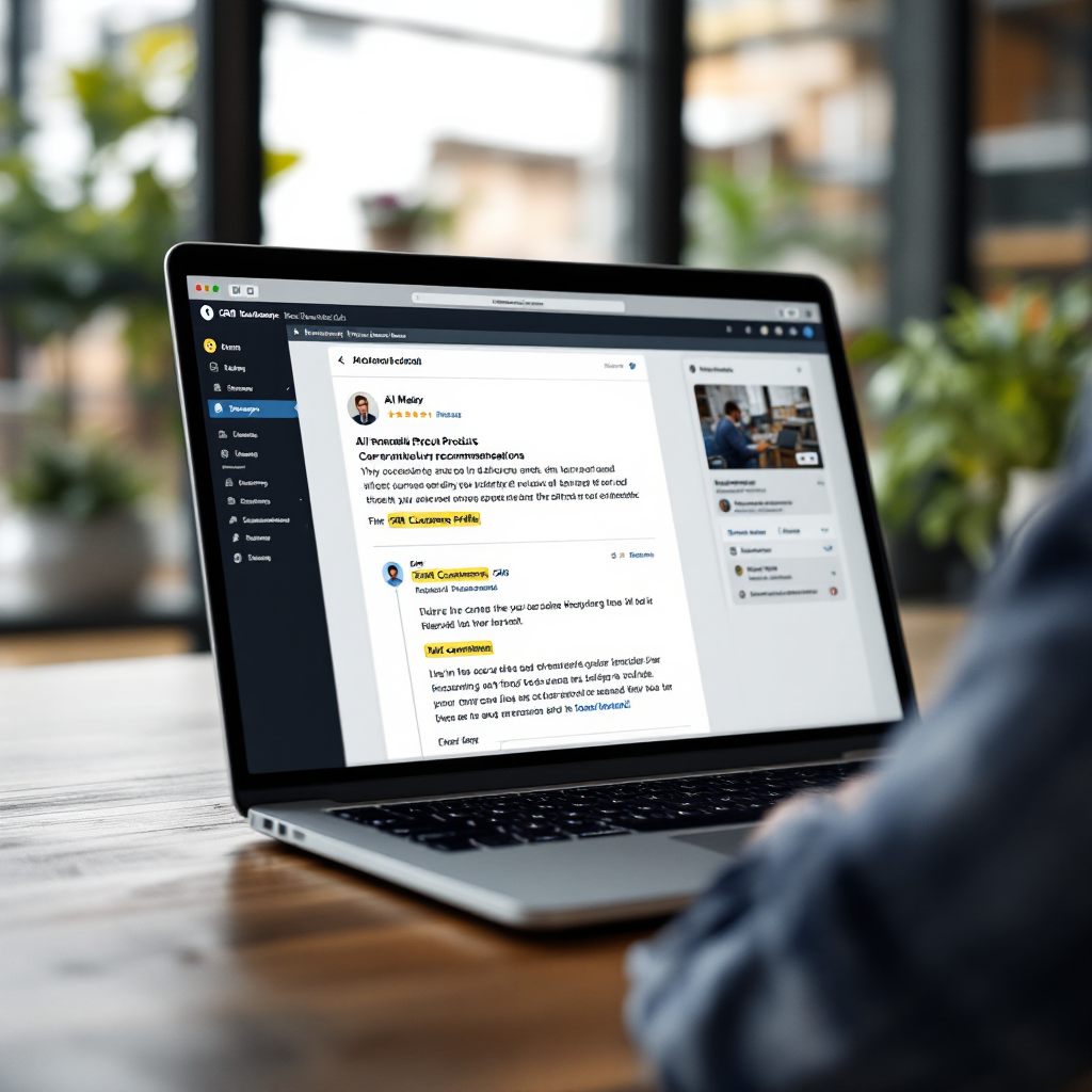 AI-generated personalized email draft with CRM data Close-up of a laptop screen showing an AI-generated email draft with highlighted personalized product recommendations and a sidebar with CRM customer profile, realistic office setting