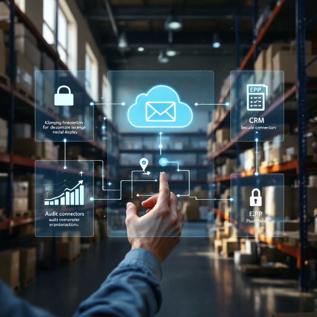 AI platform integrating inbox, CRM and ERP A schematic illustration of system integration showing an AI platform linking an inbox, a CRM, and an ERP with secure connectors and audit trails, no text or numbers
