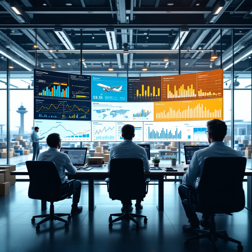 A control room view with operators monitoring air freight dashboards and a visualization of predictive routes and shipment timelines, no text or numbers in the image